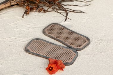 sadhu boards stand on a sandy beach, the concept of yoga practice, meditation. selective focus