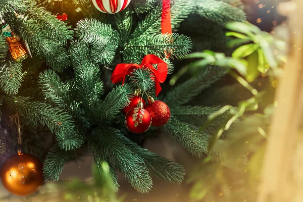 Bolas Vermelhas Ramo Conceito Natal Ano Novo Detalhes Interior Festivo — Fotografia de Stock