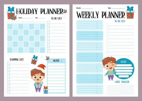 stock vector Holiday male planner set. Weekly organizer, month calendar, plan, to-do, shopping list, habit tracker and notes with cute boy. Vector vertical template for New Year, Christmas, festive design