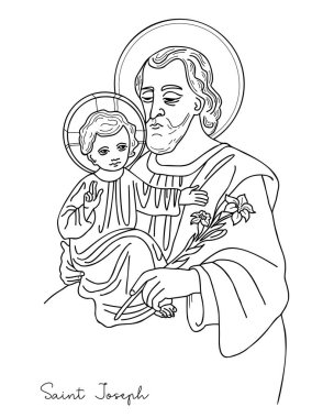 İlahi Çocuk İsa ve çiçek açan zambak ile nişanlı Icon Saint Joseph. Vektör çizimi. El çizimi. Dini temaların tasarımı ve dekorasyonu için karalama yapın