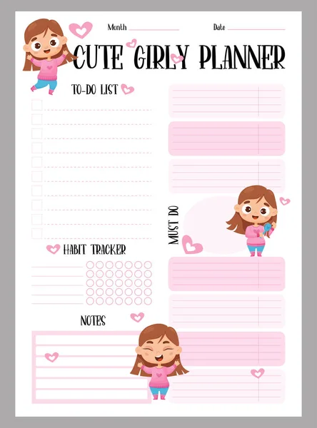 Netter Mädchenhafter Planer Wöchentlicher Organisator Liste Notizen Und Gewohnheitstracker Mit — Stockvektor