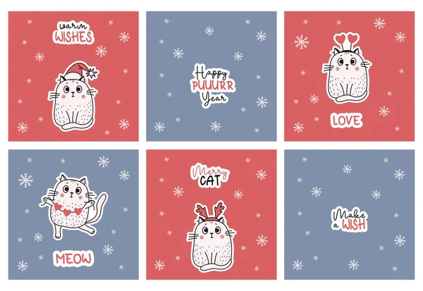 Collection Funny Christmas Posters Cute Cats Christmas Winter Inscriptions Congratulations — Stock Vector