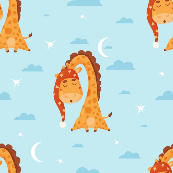 Seamless pattern with cute sleeping animal giraffe on blue background with clouds and moon. Vector illustration for kids collection, decor, packaging, design, print, wallpaper