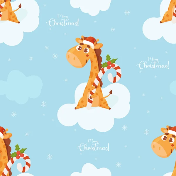 Wesołych Świąt Bezproblemowy Wzór Słodka Żyrafa Karmelowymi Cukierkami Chmury Niebieskim — Wektor stockowy