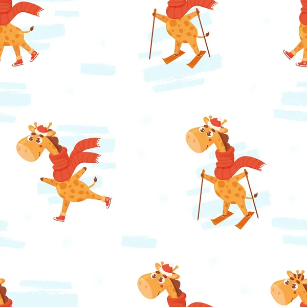 Seamless pattern with cute giraffes. Winter animal in scarf skiing, skating on white background. Vector illustration. Funny pattern with animals for decor, design, print, wallpaper, kids collection