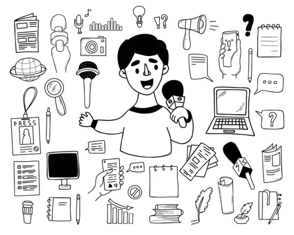 Coleção Jornalismo Vetor Doodles Apresentador Jornalista Masculino Com Microfone Mãos —  Vetores de Stock