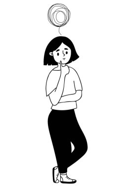 Düşünen kişi. Düşünceli tatlı kız, kafası karışık düşünceler, problemler ve bir çözüm bul. Vektör çizimi. Doğrusal çizilmiş karalama. Psikolojik problem çözme kavramı ve kadın..