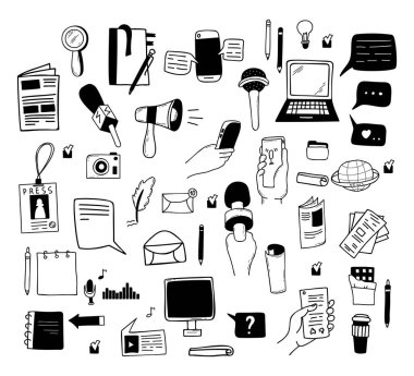 Büyük koleksiyon gazeteciliği. Gazetecilerin eşyaları, mikrofon, ses kaydedici, laptop, megafon, gazete, not defterleri, mektuplar ve çevrimiçi mesajlar. İzole vektör doğrusal el karalamaları