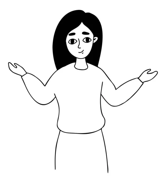 Девушка Длинными Волосами Руками Бокам Векторная Иллюстрация Линейный Рисунок Каракулей — стоковый вектор