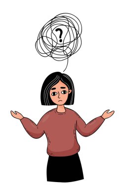Düşünen kişinin portresi. Düşünceli kafası karışık bir kız, kafası karışık düşünceler ve soru işaretiyle karışık. Vektör çizimi. Renk karalaması. Psikolojik problem çözme konsepti ve üzgün kadın