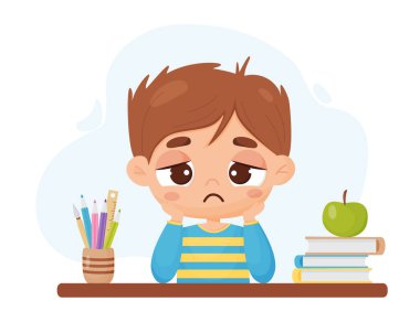 Kitapları, kâğıtları, kalemleri olan üzgün çocuk. Çizgi film tarzında vektör illüstrasyonu. Çalışmalar, yansımalar, depresyon, düşünceler, şüpheler, özlemdeki psikolojik başarısızlık kavramı