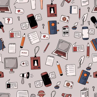Kusursuz bir meslek gazeteciliği. Gazeteci, mikrofon, basın kartı, not defterleri, kamera, kırtasiye, dizüstü bilgisayar, telefon ve gri arka planda online mesajlar. Vektör illüstrasyonu