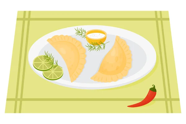 メキシコのエンパナーダは ソース ライムスライス チリペッパーとプレートに 伝統的なメキシコ料理 ラテンアメリカの国民的料理のベクトルイラストデザイン 美食のレシピやメニュー — ストックベクタ