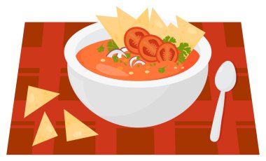Geleneksel Meksika Domates Çorbası. Tasarım ve dekorasyon menüsü için Latin Amerika ulusal yemeğinin vektör illüstrasyonu popüler çorba püresi düz stil, mutfak teması