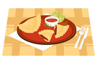 Geleneksel popüler Meksika yemekleri. Meksika Empanada 'ları soslu ve limon dilimli tabağa doldurulmuş ve tamamen kırılmış. Latin Amerika ulusal yemeğinin düz stil vektör illüstrasyonu