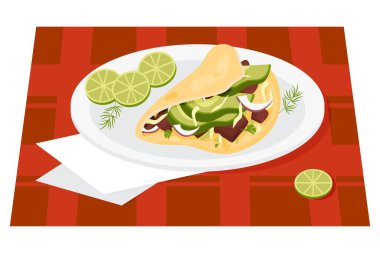 Meksika tacoları. Geleneksel popüler Meksika yemeği, un tortillalara sarılı limon dilimli biftek tacolarıdır. Latin Amerika ulusal yemeğinin vektör illüstrasyonu