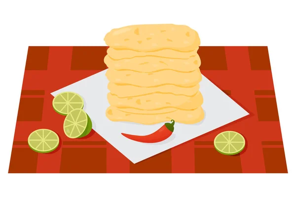 Geleneksel Popüler Meksika Yemekleri Mısır Tortillası Acı Biberli Limon Dilimli — Stok Vektör