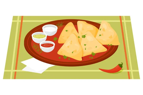 メキシコのケサディーヤ ソース ハーブ チリとボウルに溶かしたチーズを入れた伝統的なメキシコ料理のトルティーヤ 漫画スタイルでラテンアメリカの国民料理のベクトルイラスト — ストックベクタ