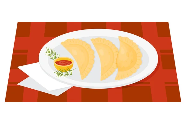 stock vector Mexican Empanadas in bowl with herbs and sauce. Traditional popular mexican food. Vector illustration of Latin American national dish for menu design