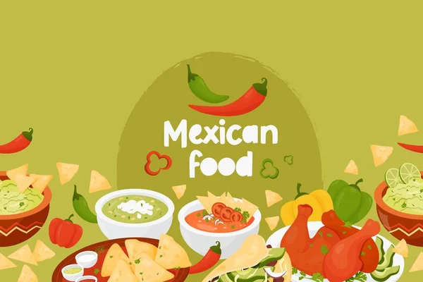 Borde Horizontal Sin Costuras Con Comida Mexicana Quesadilla Tacos Guacamole — Vector de stock