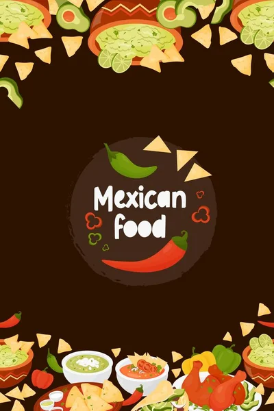 Мексиканська Їжа Безшовний Векторний Кордон Латиноамериканськими Дисами Quesadilla Taco Гуакамоле — стоковий вектор
