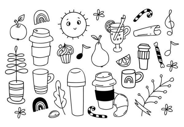 收集病媒涂鸦咖啡与羊角面包 热水瓶 杯子与覆膜酒和肉桂棒 糖果和焦糖棒 可爱的太阳 花盆和植物 孤立的线性绘图 — 图库矢量图片