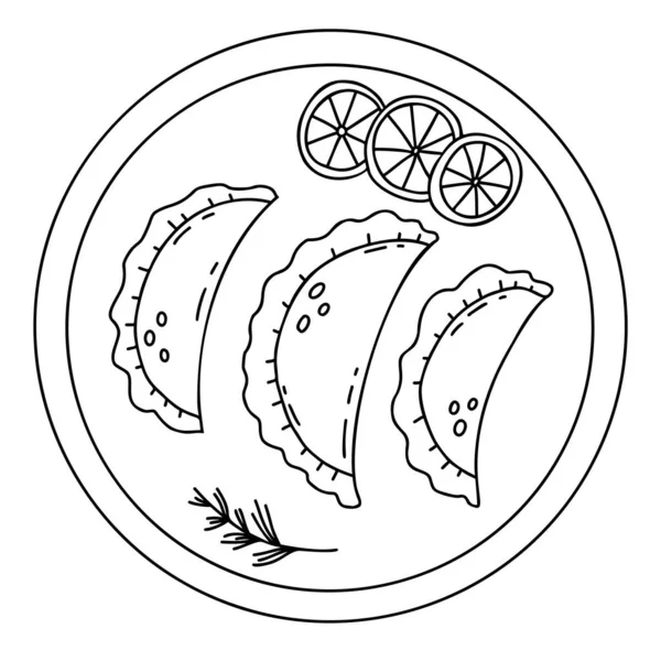 Empanadas Mexicaines Sur Plaque Avec Des Tranches Lime Vecteur Linéaire — Image vectorielle