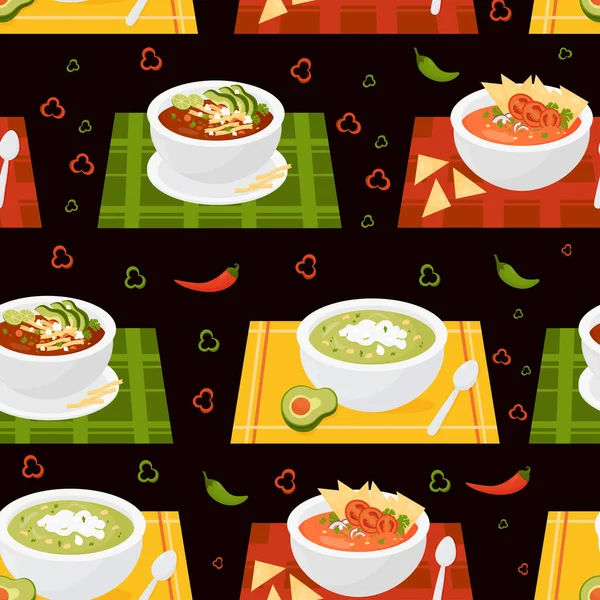 Бесшовный Рисунок Мексиканскими Супами Томатный Суп Чипсами Зеленым Супом Авокадо — стоковый вектор