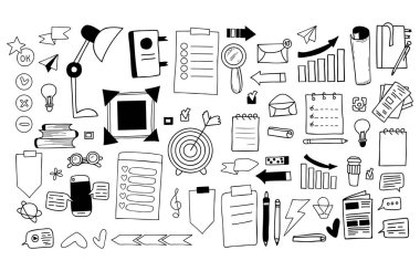 Büyük vektör finansal ve iş simgeleri belirledi. Kağıt belgeler, kırtasiye, grafik, bilgi grafikleri, hedef, çevrimiçi mesajlar ve iletişim, işaretler, oklar ve başarı. İzole edilmiş doğrusal el çizimleri