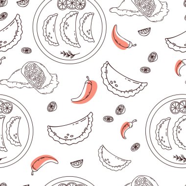 Meksika Empanadas 'lı, kırmızı biberli ve beyaz arka planda limon dilimli kusursuz desenler. Duvar kağıdı, ambalaj ve tekstil için vektör illüstrasyonu doğrusal karalama tarzında Latin Amerika yemekleri