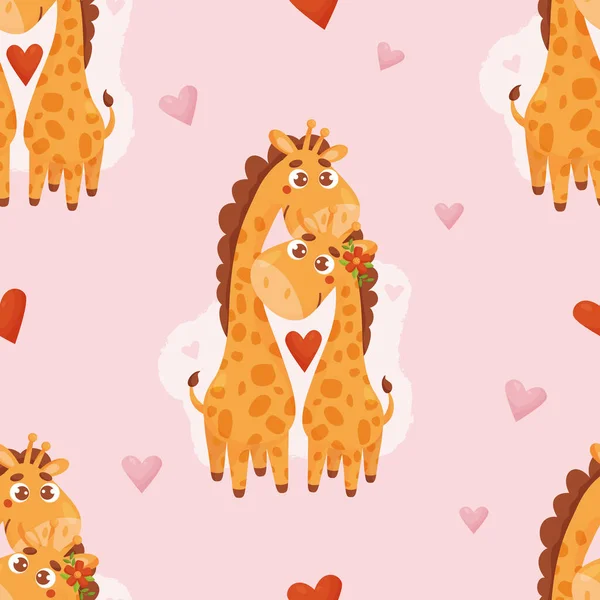 Naadloos Patroon Met Schattige Paar Giraffen Liefde Lichtroze Achtergrond Met — Stockvector