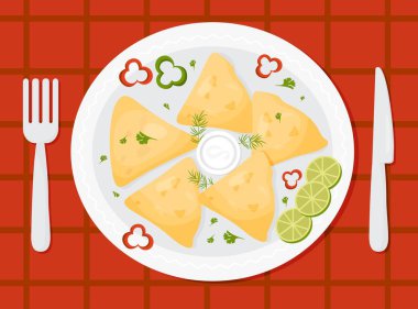 Geleneksel Meksika Quesadilla 'sı. Soslu, çatallı ve bıçaklı meşhur Meksika tortillaları. Yukarıdan bak. Çizgi film tarzında Latin Amerika ulusal yemeğinin vektör illüstrasyonu