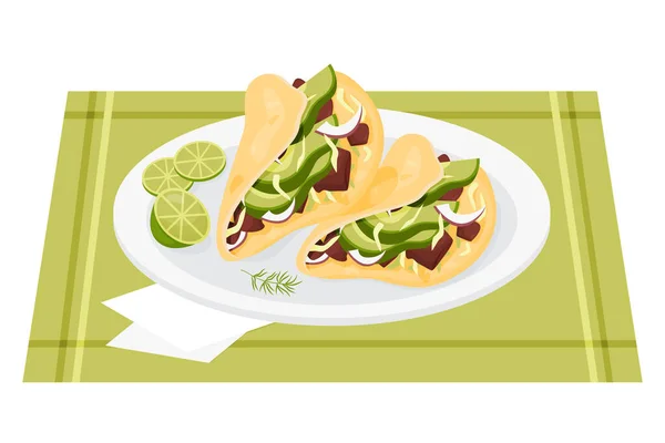 墨西哥牛肉玉米卷和蔬菜 传统的墨西哥大受欢迎的酥脆玉米片放在盘子里 上面放着石灰片 拉丁美洲国家食品菜单设计中的矢量插图 — 图库矢量图片