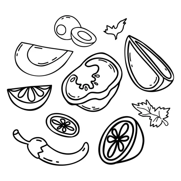Collecter Les Légumes Les Fruits Poivrons Olives Demi Tomate Tranches — Image vectorielle