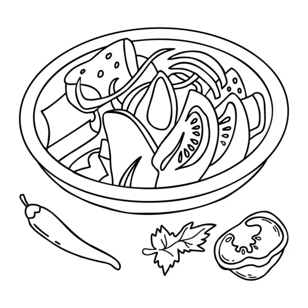 Овощной Салат Помидоров Перец Чили Пряная Зелень Тарелке Векторная Линейная — стоковый вектор