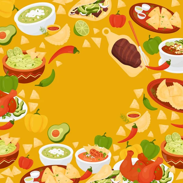 Πλατεία Αφίσα Μεξικάνικο Φαγητό Quesadilla Tacos Guacamole Νάτσος Σούπα Ντομάτας — Διανυσματικό Αρχείο