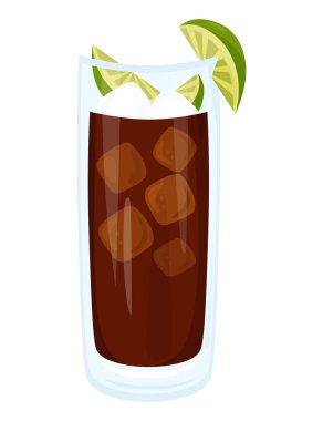 Meksika alkollü kokteyli Charro Negro. Latin Amerika 'nın popüler içeceği tekila, buz küpleri ve limon parçaları. Mönü tasarımı ve dekorasyonu için çizgi film tarzında vektör illüstrasyonu, mutfak temaları