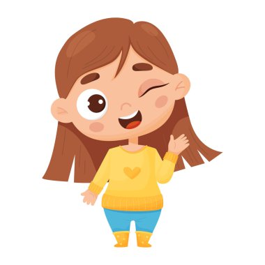 Neşeli kız göz kırpıyor. Karakter duygusu. Çizgi film tarzında vektör illüstrasyonu