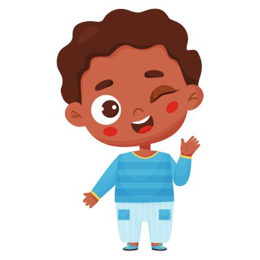 Duygu. Neşeli esmer tenli çocuk göz kırpıyor. Çizgi film tarzında vektör illüstrasyonu