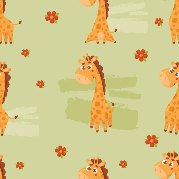 Seamless pattern with cute giraffe on light green background with flowers in cartoon style. Vector illustration for decor, design, print, wallpaper, kids collection, packaging paper, textile