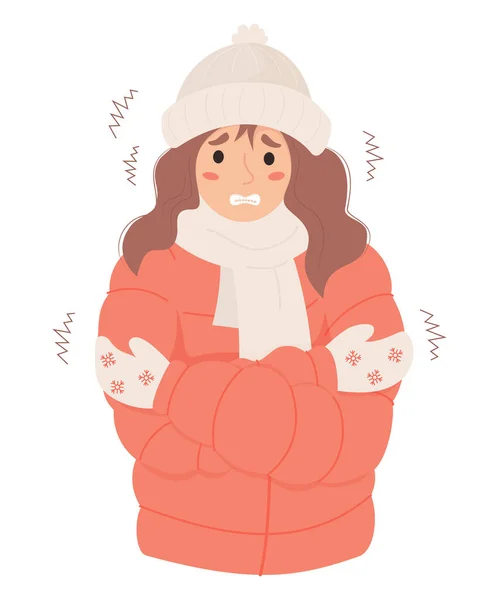 Δυστυχισμένη Γυναίκα Που Παγώνει Φορώντας Χειμωνιάτικα Ρούχα Τρέμοντας Κινούμενα Σχέδια — Διανυσματικό Αρχείο