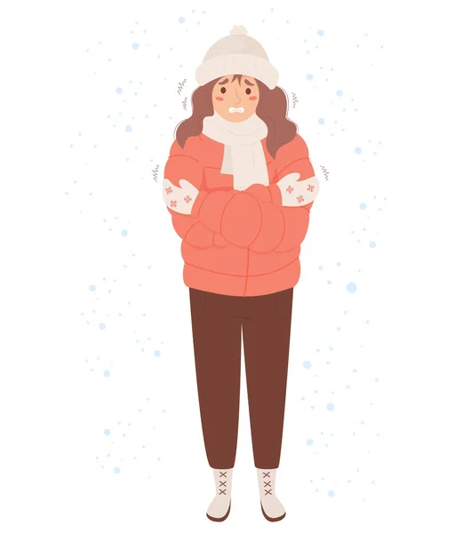 Mujer Congelada Usando Ropa Invierno Temblando Bajo Nieve Dibujos Animados — Vector de stock