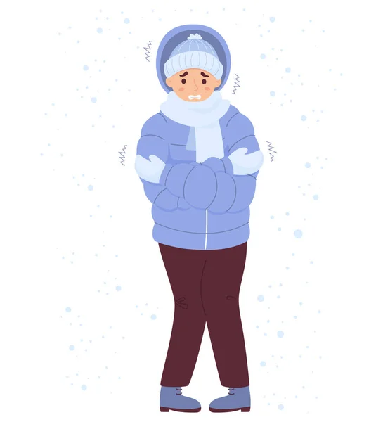 雪と震えの下で冬服を着て凍る不幸な男 漫画フラットベクトルイラスト 冬の季節と気温がマイナス — ストックベクタ