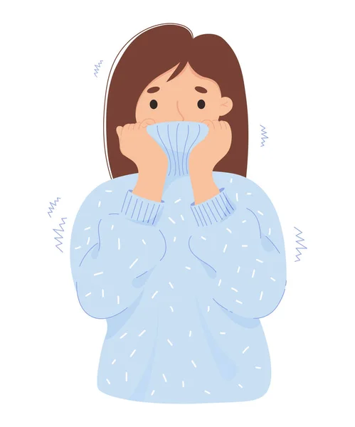 暖かいセーターと震えに包まれた服を着た女性の凍結 漫画フラットベクトルイラスト 概念疾患 冬の季節 低温の寒さと苦しみ — ストックベクタ