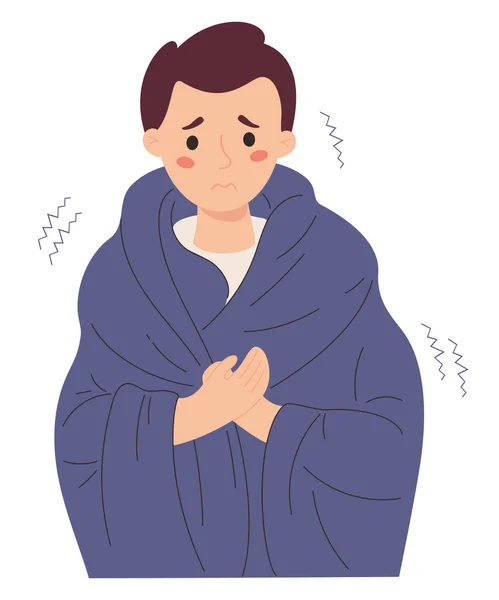 不幸な男毛布 凍結し 震えに包まれた 漫画フラットベクトルイラスト 冬の病気と寒さ マイナス温度の苦しみ — ストックベクタ
