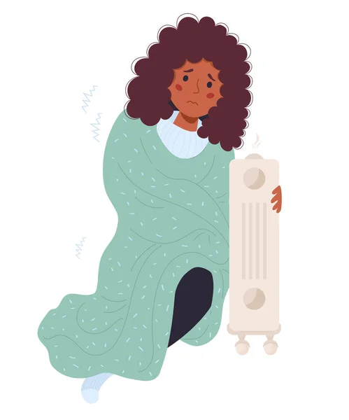 毛布に包まれた黒い悲しい少女は 冷えて暑いラジエーターの近くで日光浴をしている ベクトルイラスト 概念シーズン寒さ 低温と部屋の熱加熱の苦しみ — ストックベクタ