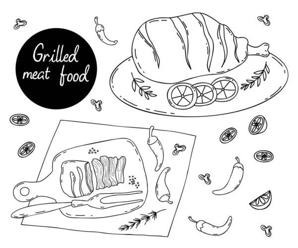 烤猪肉腿和一块油炸肉在厨房的板上 配上辣椒和一片猪油 孤立的线性手绘涂鸦 墨西哥受欢迎的烤肉食 — 图库矢量图片