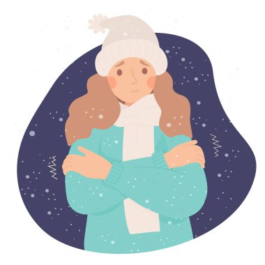 Unhappy girl freezing wearing and shivering under snow. Cartoon flat vector illustration. Winter season and suffering of low minus degrees temperature clipart