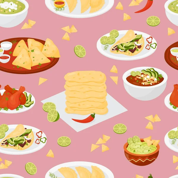 Απρόσκοπτη Μοτίβο Μεξικάνικο Παραδοσιακό Φαγητό Φόντο Ματζέντα Εικονογράφηση Διανύσματος Ατελείωτο — Διανυσματικό Αρχείο