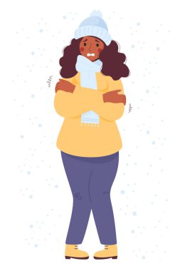 Woman ethnic black freezing wearing winter clothes shivering under snow. Cartoon flat vector illustration. Concept Winter season and suffering of low degrees temperature. clipart